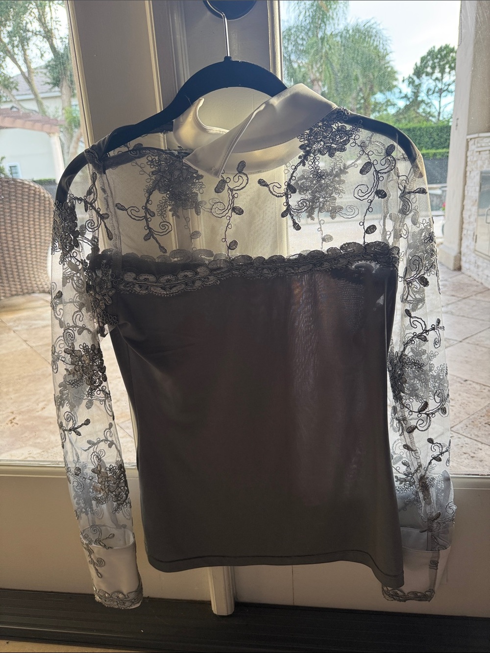 Elegant Sheer Lace Sleeve Women's Top in White and Gray